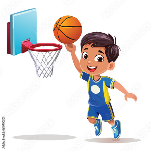 Cartoon boy in blue uniform throwing basketball into hoop on white background
