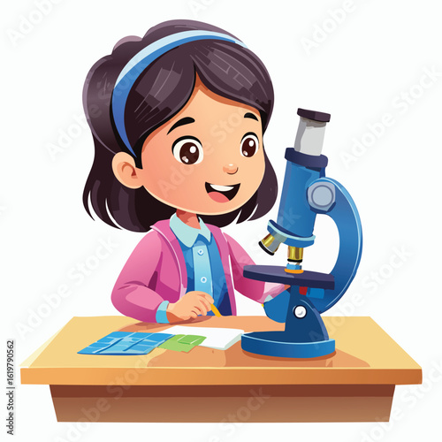 A young girl in a pink cardigan using a blue microscope on a wooden table with colorful papers against a white background.
