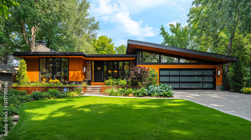 Modern house with wood and stone exterior surrounded by lush greenery and a well manicured lawn view