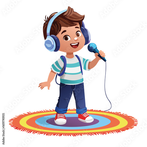 Cartoon boy wearing headphones singing into a microphone on a colorful rug