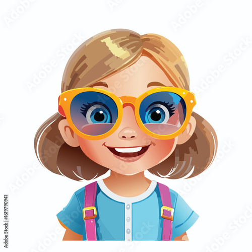 Cartoon illustration of a cheerful young girl wearing colorful glasses and suspenders on a plain white background.