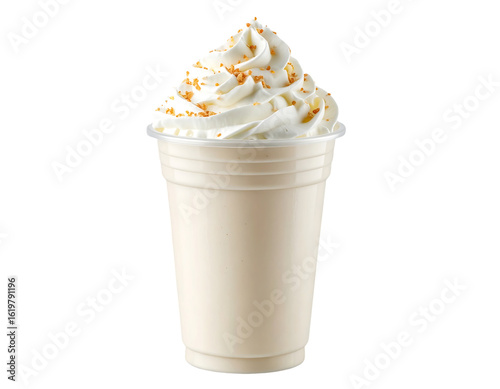 Creamy milkshake topped with whipped cream and sprinkles, in a clear plastic cup isolated on transparent background.