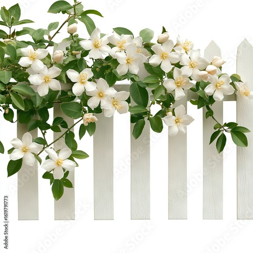 White Clematis Vine on White Picket Fence: Spring Bloom Background
