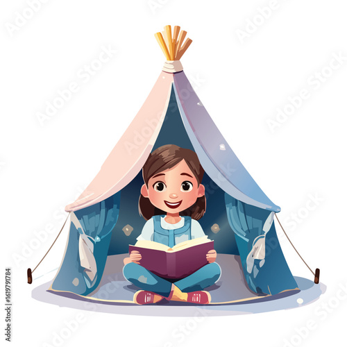 Cartoon girl reading a book inside a colorful tent