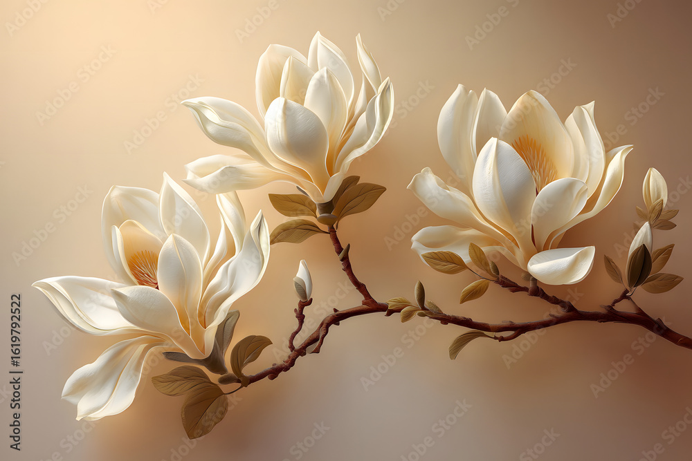 Fototapeta premium Elegant white magnolia flowers on branch in soft light