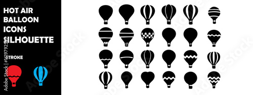 Hot Air Balloon Icon Silhouette Vector Set – Adventure Flight, Festival & Travel Concept