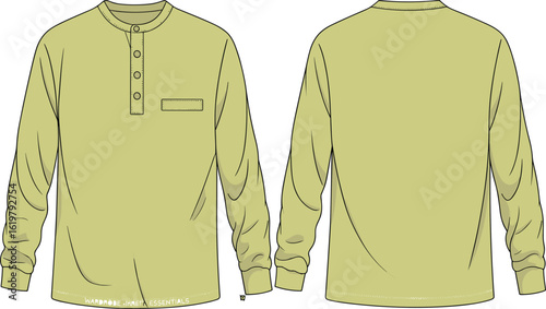 Children’s shirt vector—front and back view with round neck, four-button placket, chest pocket, and clean minimalist fashion style