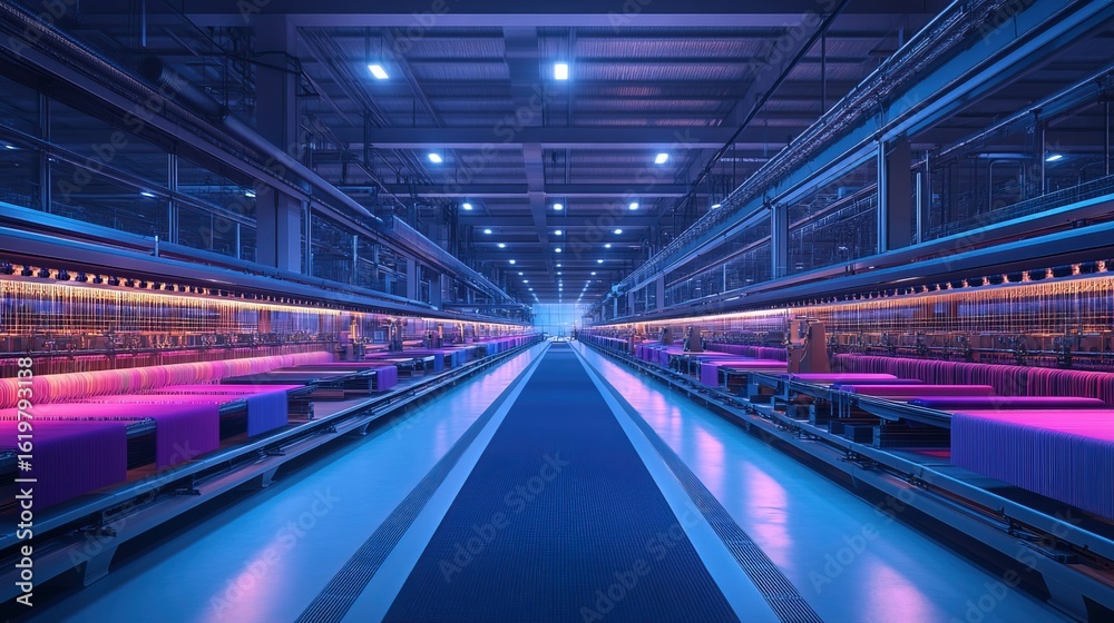 Obraz premium Modern Industrial Textile Factory Interior with Weaving Looms and Blue Lighting