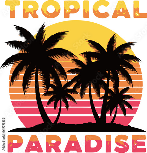 Vector art of tropical paradise sunset with silhouetted palm trees and ocean