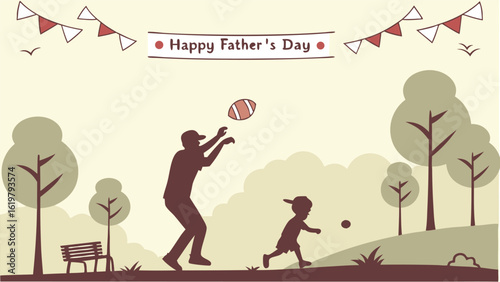 Happy Father's Day: Silhouette of father and son playing catch in a park, minimalist style, warm and joyful mood, festive bunting, idyllic setting.