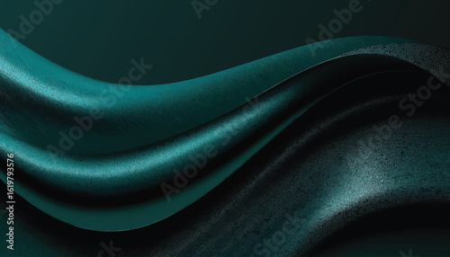 Green drapery silk fabric luxury background. Wavy abstract satin cloth vector texture pattern. Smooth shiny drape material curtain. Elegant velvet curve motion image realistic horizontal design.