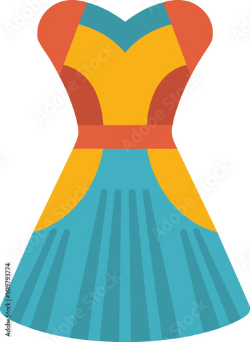 Vintage dress vector illustration—yellow and red bodice with flared blue striped skirt for retro fashion, kids apparel, and branding