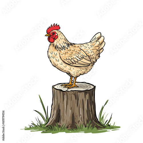 Chicken standing on tree stump in grassy outdoor setting  