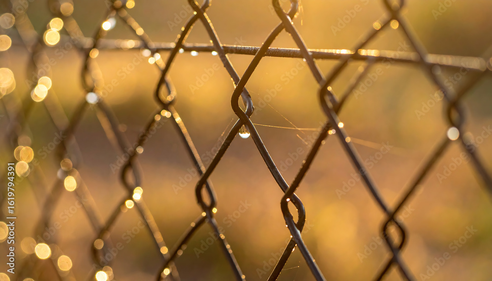 Naklejka premium Glistening water droplets cling to a metal chain-link fence, illuminated by the warm, golden light of a sunrise or sunset.