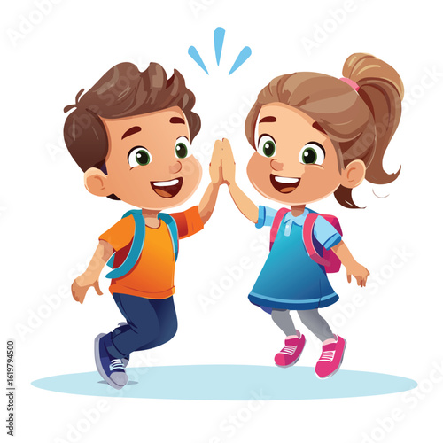 Cartoon illustration of a happy boy and girl high-fiving with backpacks on a white background