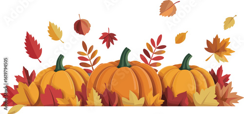 Autumn pumpkin and falling leaves illustration with transparent background, perfect for Thanksgiving, seasonal banners, fall decorations, or festive designs.