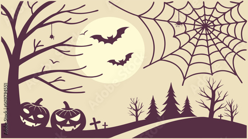 Spooky Halloween Night Silhouette:  Two grinning jack-o'-lanterns, bare trees, bats flying, spiderwebs, and a full moon create a vintage, minimalist, autumnal scene perfect for seasonal designs.