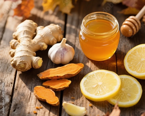 Flat lay of autumn immunity boosters: fresh ginger, turmeric root, lemon slices, garlic, and honey jar on rustic wooden background with warm morning sunlight, generative AI.