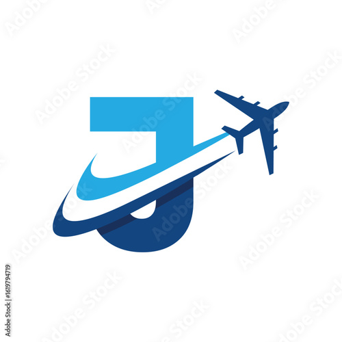 The image shows a flat logo design of an initial letter J in blue color with an airplane flying through it creating two swoosh lines. It looks clean and modern on a white background.
