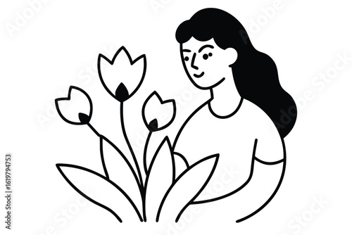 Young woman admiring a bunch of tulips in a simple line drawing style