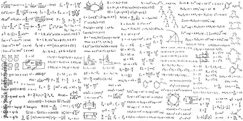 Science line hand drawn symbols. Geometric icons and formulas of important science technology theories. Vector illustration for background.