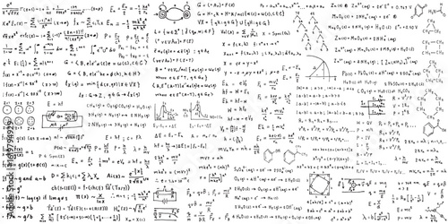 Science line hand drawn symbols. Geometric icons and formulas of important science technology theories. Vector illustration for background.
