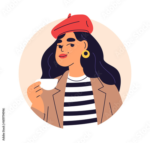 Young woman in French beret, drinking coffee, holding cup, avatar. Female portrait in circle, chic elegant style, round user profile. Flat graphic vector illustration isolated on white background