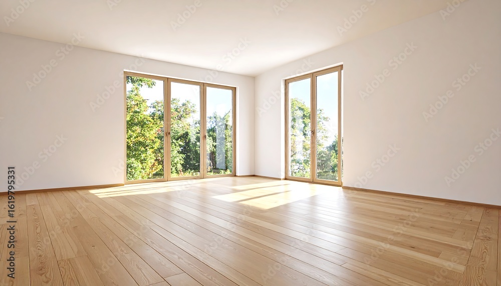 Fototapeta premium Empty room with large windows, hardwood floor