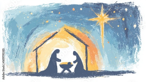 Artistic painting of the christmas nativity scene, featuring mary, joseph, and baby jesus with a bright star shining above