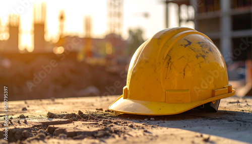 Hard hat rests on dusty ground at sunset construction site.
