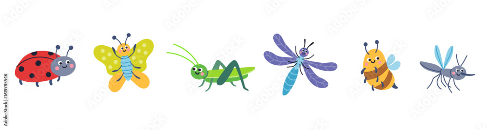 Fototapeta premium Cute insects illustration set, vector, simple, flat design for children's posters, books, backgrounds and children's room decoration. Insects collection, isolated on a white background