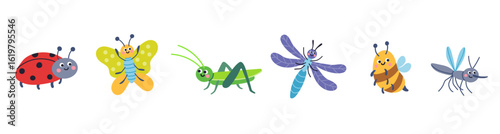 Cute insects illustration set, vector, simple, flat design for children's posters, books, backgrounds and  children's room decoration. Insects collection, isolated on a white background