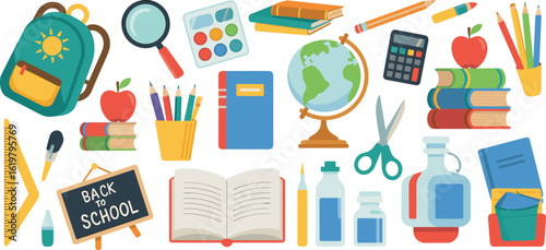 Colorful school supplies set, backpack, books, globe, pencils, calculator, and stationery icons, back to school education illustration