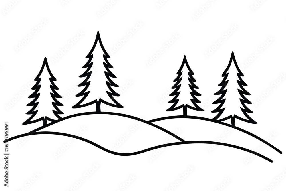Obraz premium Simple line drawing of evergreen trees on rolling hills