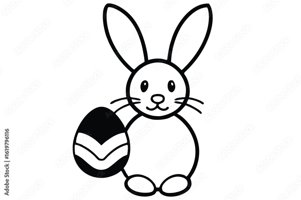 Fototapeta premium Cute hand drawn easter bunny holding a decorated egg in black and white outline