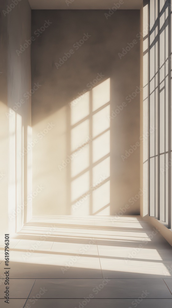 Fototapeta premium Sunlight streaming through a large window in a minimalist empty room, casting long shadows on the wall and floor.