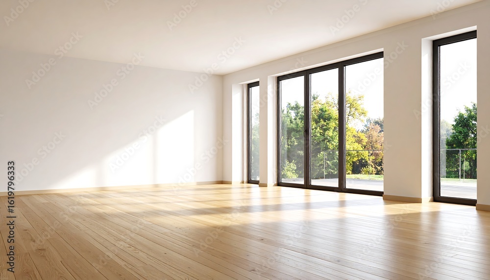 Obraz premium Empty room with large windows overlooking a garden