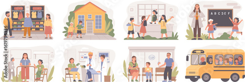 Family activities, shopping, home, children playing, education, school, doctor visit, healthcare, waiting room, school bus, community life