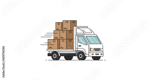 An illustration of a delivery truck in motion, loaded with cardboard boxes for rapid shipping and efficient logistics services.
