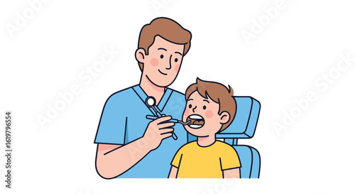 A friendly male dentist performs an oral examination on a young boy in a clinic chair. Vector illustration of pediatric dental care.