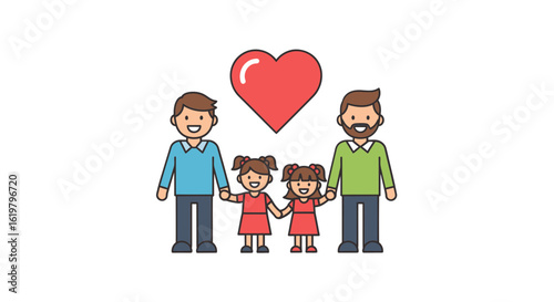Vector art of a happy gay male couple with their two daughters holding hands under a heart symbol. Whisk concept of a modern loving family unit in a flat line illustration style.