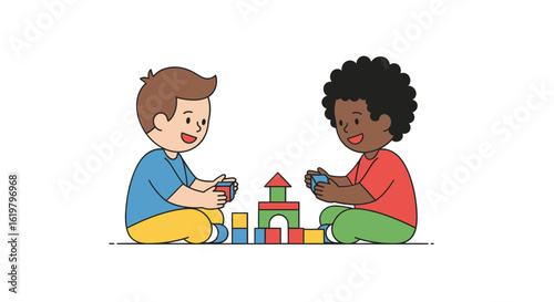 Diverse children playing with wooden blocks. A cartoon illustration of two friends building together, representing learning and teamwork.