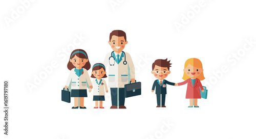 Happy Family of Doctors Cartoon Illustration of Medical Professionals