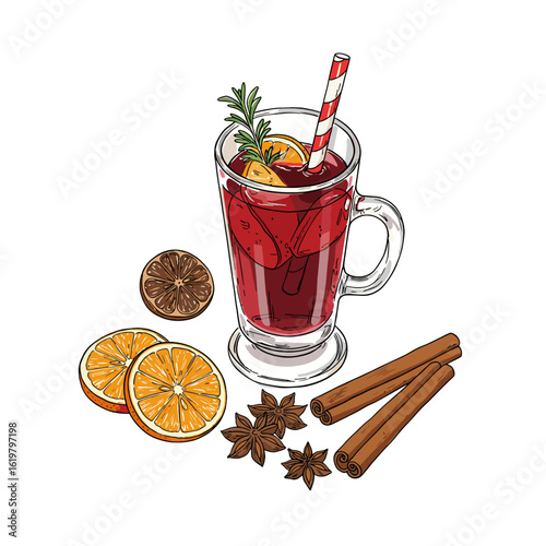 Mulled wine drink with spices and orange slices on white background  