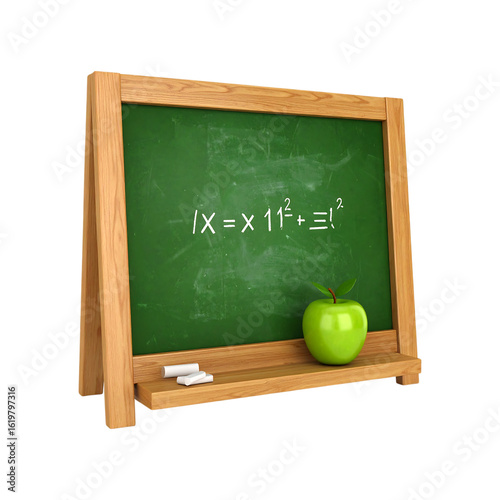 Green chalkboard with math equation apple and chalk on wooden easel against black background