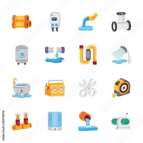 Set of 2d flat vector icons depicts various plumbing and water system elements.