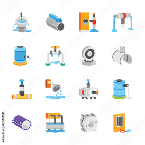 A collection of 2d flat design icons depicting various plumbing and water system components.