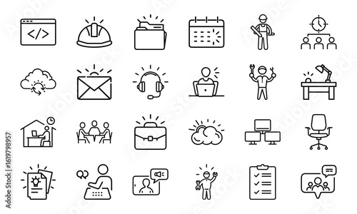 An icon pack featuring a diverse range of outline symbols for business, technology, productivity, and professional services.