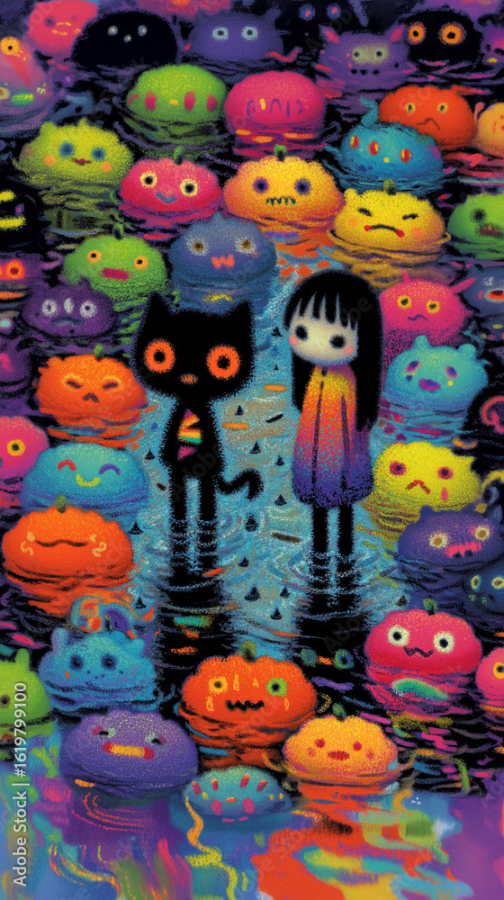Fototapeta premium Whimsical illustration of a girl and black cat surrounded by colorful floating pumpkin creatures in a fantasy world