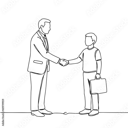 Businessman shaking hands with student holding briefcase in line art  